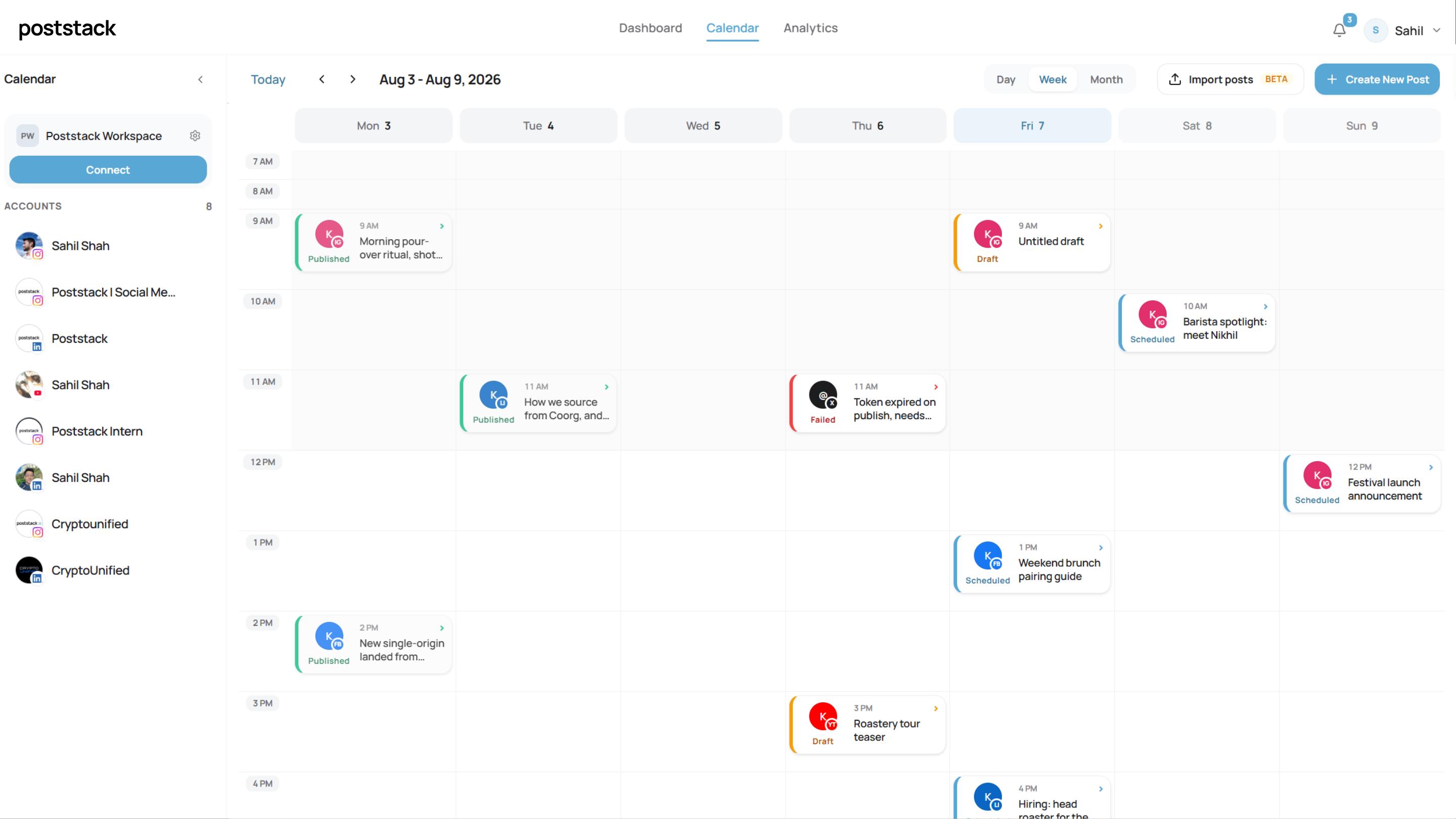 Poststack calendar showing scheduled content across multiple social platforms