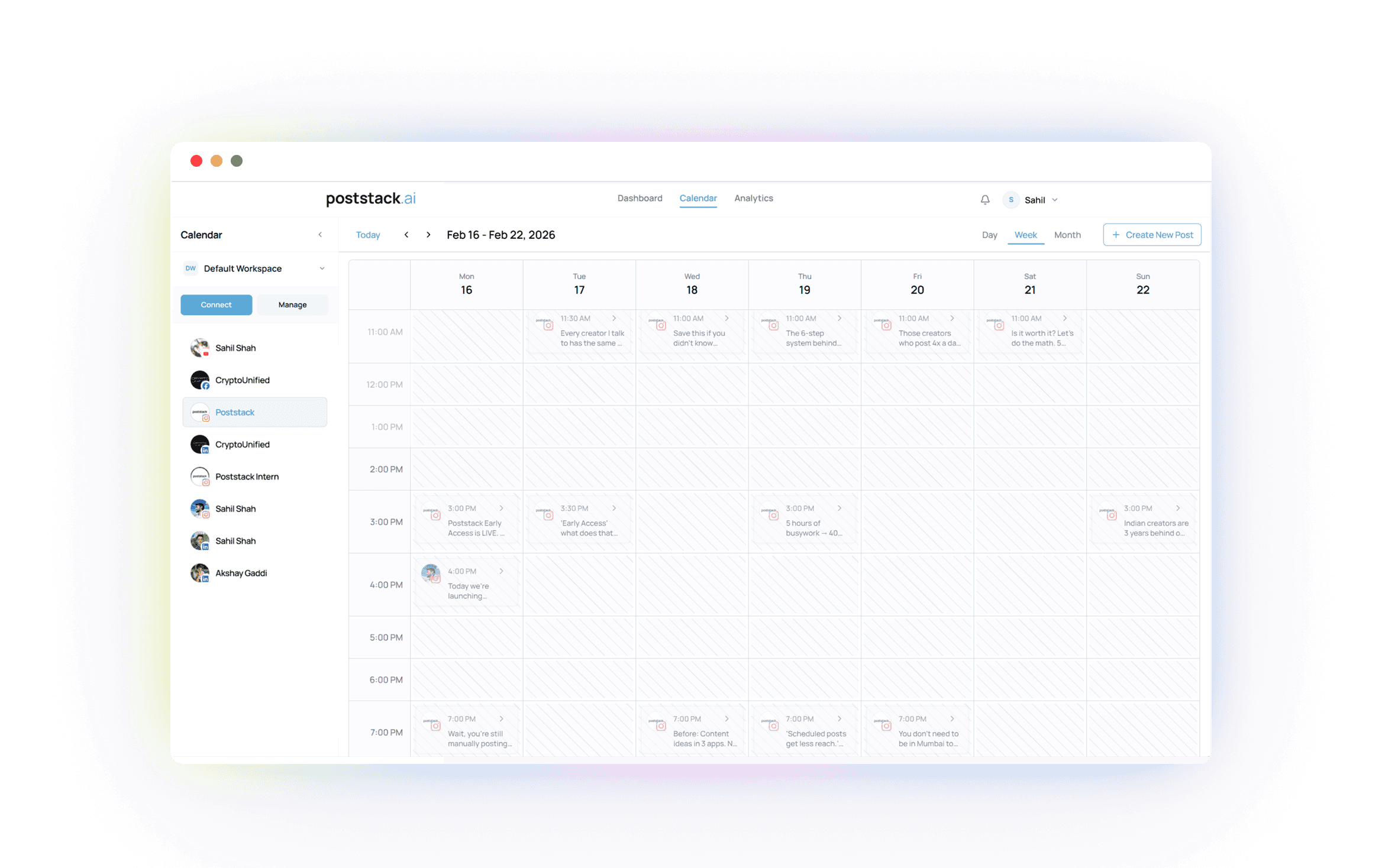 Poststack content calendar — schedule across Instagram, LinkedIn, X, YouTube and more